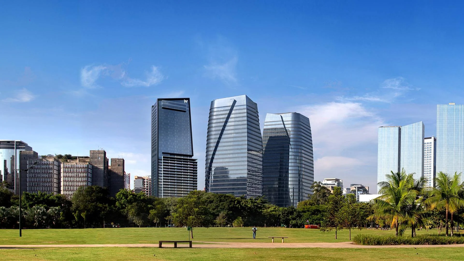 Vista da Vila Olímpia a partir do parque, com o W Residences São Paulo